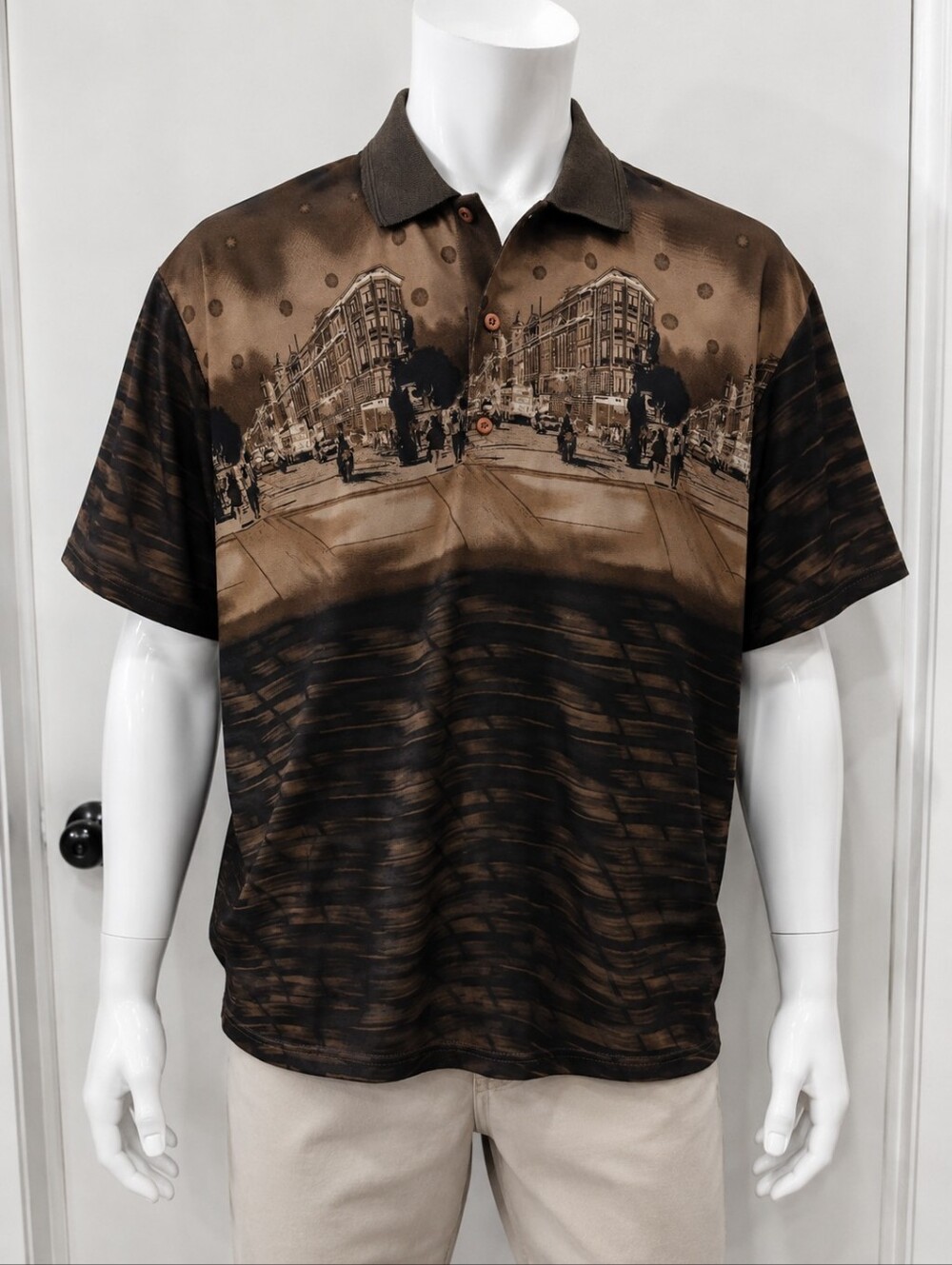 Vintage Gentleman's Club Abstract City Print Polo Shirt Brown Size XXL